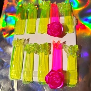 Handmade Designed Neon Yellow Green Butterfly and Rose Press On Nails